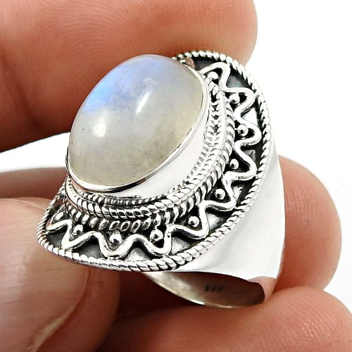 Oval Shape Rainbow Moonstone Gemstone Ring Size 8 925 Silver Jewelry I25
