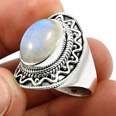 925 Fine Silver Jewelry Oval Shape Rainbow Moonstone Gemstone Ring Size 9 K25