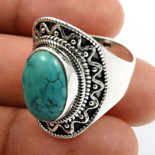 Oval Shape Turquoise Gemstone Jewelry 925 Solid Sterling Silver Ring Size 8 N25
