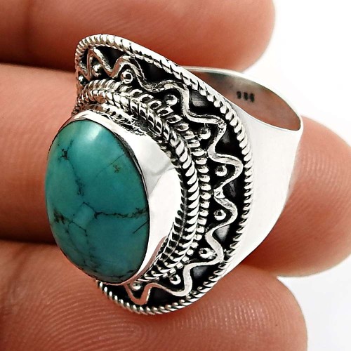 Oval Shape Turquoise Gemstone Ring Size 6 925 Sterling Silver Fine Jewelry P25