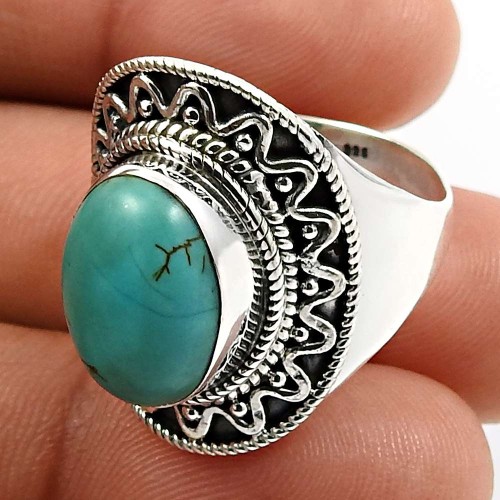 925 Sterling Silver Jewelry Oval Shape Turquoise Gemstone Ring Size 9 Q1