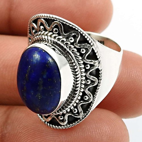 925 Sterling Silver Jewelry Oval Shape Lapis Lazuli Gemstone Ring Size 7 R25