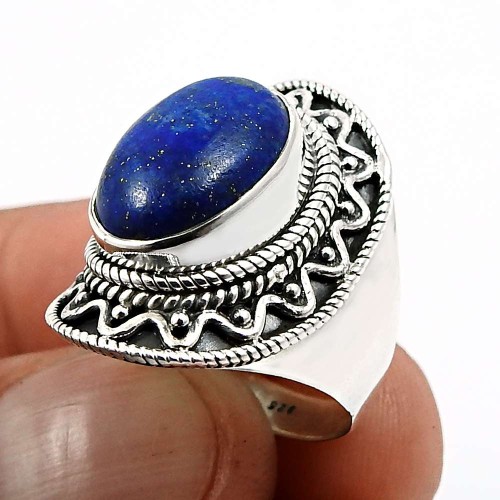 Oval Shape Lapis Lazuli Gemstone Jewelry 925 Sterling Silver Ring Size 6 S25