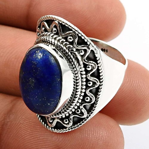 Oval Shape Lapis Lazuli Gemstone Jewelry 925 Sterling Silver Ring Size 7 T25