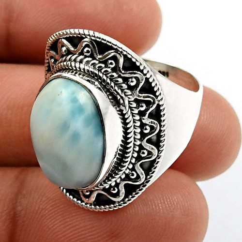 Oval Shape Larimar Gemstone Ring Size 9 925 Solid Sterling Silver Jewelry X24
