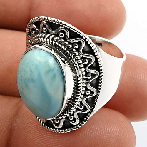 Oval Shape Larimar Gemstone Ring Size 8 925 Solid Sterling Silver Jewelry Y24