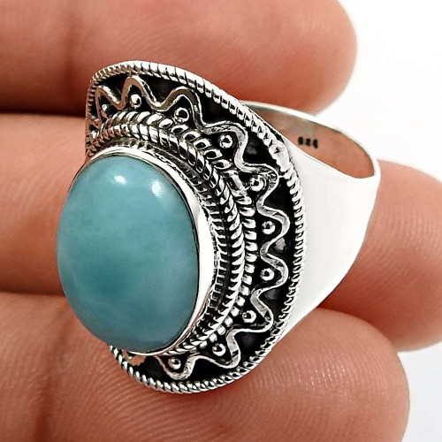 Oval Shape Larimar Gemstone Ring Size 9 925 Solid Sterling Silver Jewelry A25