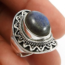 925 Sterling Fine Silver Jewelry Oval Shape Labradorite Gemstone Ring Size 6 B25