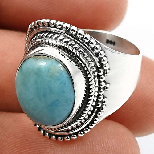 Oval Shape Larimar Gemstone Jewelry 925 Solid Sterling Silver Ring Size 7 I26