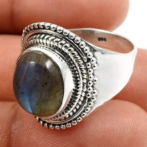 Oval Shape Labradorite Gemstone Jewelry 925 Sterling Silver Ring Size 9 K26