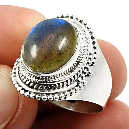 Oval Shape Labradorite Gemstone Ring Size 10 925 Sterling Silver Jewelry O26