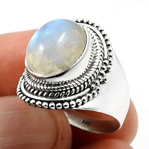 Oval Shape Rainbow Moonstone Gemstone Jewelry 925 Silver Ring Size 8 P26