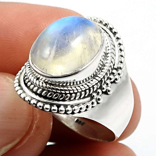 Oval Shape Rainbow Moonstone Gemstone Ring Size 8 925 Silver Jewelry R26