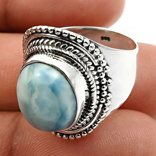 Oval Shape Larimar Gemstone Jewelry 925 Solid Sterling Silver Ring Size 7 A26