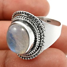 925 Silver Jewelry Oval Shape Rainbow Moonstone Gemstone Ring Size 9 S26