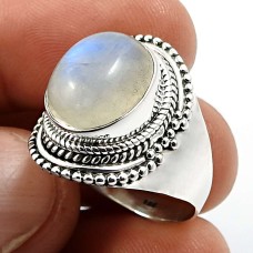 925 Silver Jewelry Oval Shape Rainbow Moonstone Gemstone Ring Size 8 T26