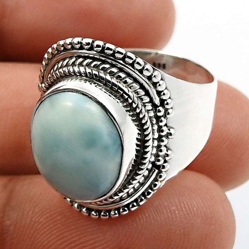 Oval Shape Larimar Gemstone Ring Size 8 925 Solid Sterling Silver Jewelry B26