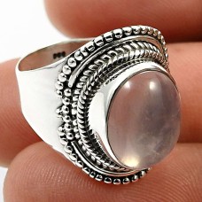 925 Sterling Fine Silver Jewelry Oval Shape Rose Quartz Gemstone Ring Size 6 T98