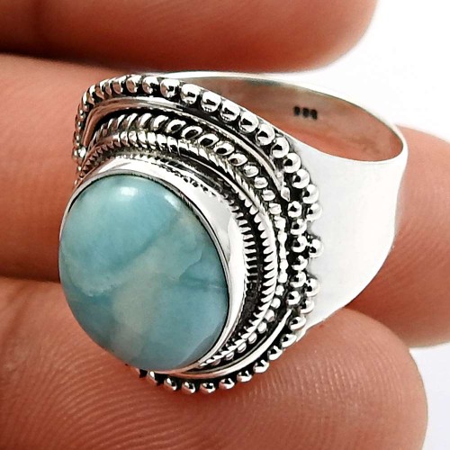 Oval Shape Larimar Gemstone Jewelry 925 Solid Sterling Silver Ring Size 8 D26
