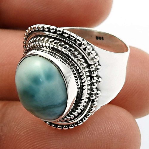 Oval Shape Larimar Gemstone Ring Size 7 925 Sterling Silver Fine Jewelry G26