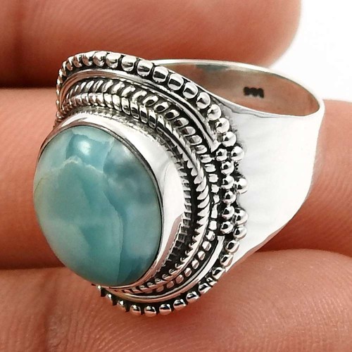 Oval Shape Larimar Gemstone Jewelry 925 Fine Sterling Silver Ring Size 7 H26