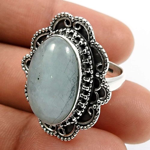 Oval Shape Aquamarine Gemstone Ring Size 6.5 925 Sterling Silver Jewelry B23