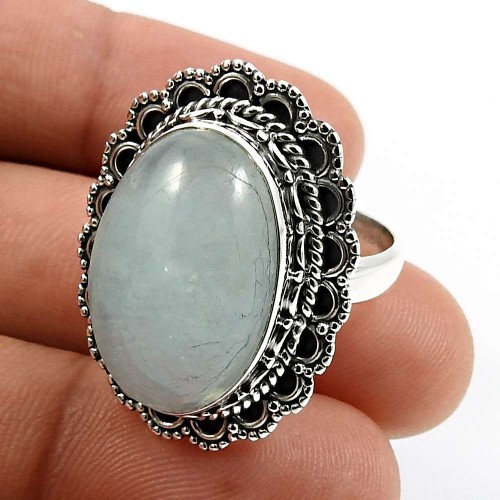 925 Sterling Silver Jewelry Oval Shape Aquamarine Gemstone Ring Size 8 N23