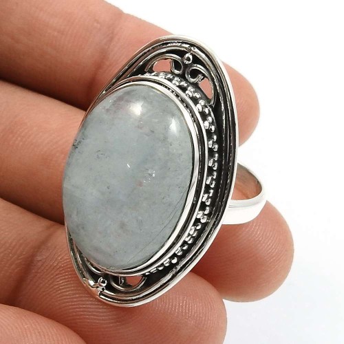 925 Sterling Silver Jewelry Oval Shape Aquamarine Gemstone Ring Size 8.5 U23