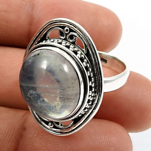 Round Shape Aquamarine Gemstone Jewelry 925 Sterling Silver Ring Size 8 V23