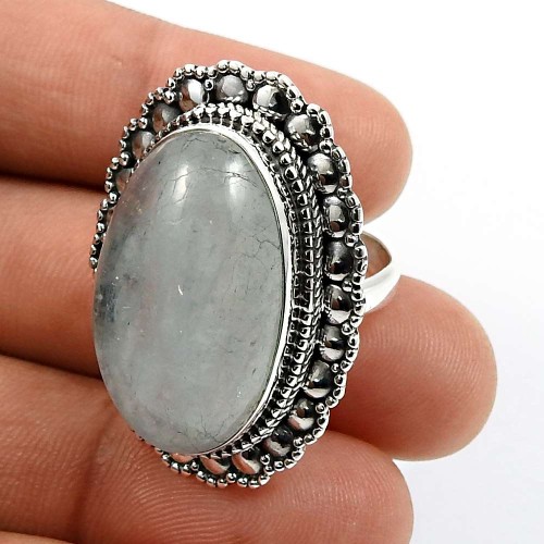 Oval Shape Aquamarine Gemstone Jewelry 925 Fine Sterling Silver Ring Size 7 B24
