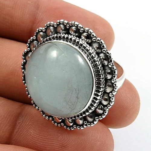 Round Shape Aquamarine Gemstone Jewelry 925 Sterling Silver Ring Size 9 D24