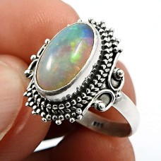 925 Sterling Fine Silver Jewelry Oval Shape Opal Gemstone Ring Size 7 J27