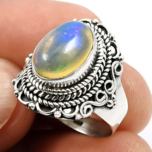 Oval Shape Opal Gemstone Jewelry 925 Fine Sterling Silver Ring Size 7 T27