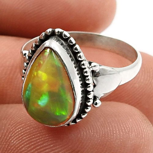 925 Sterling Fine Silver Jewelry Pear Shape Opal Gemstone Ring Size 7 L28