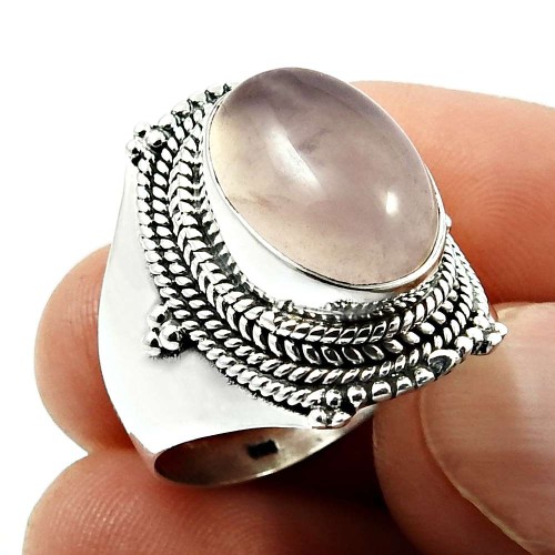 Rose Quartz Gemstone Jewelry 925 Fine Sterling Silver Ring Size 9 D43