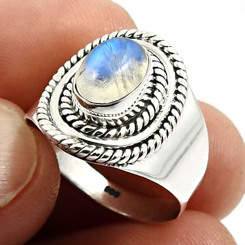 Rainbow Moonstone Gemstone Jewelry 925 Fine Sterling Silver Ring Size 7 H44