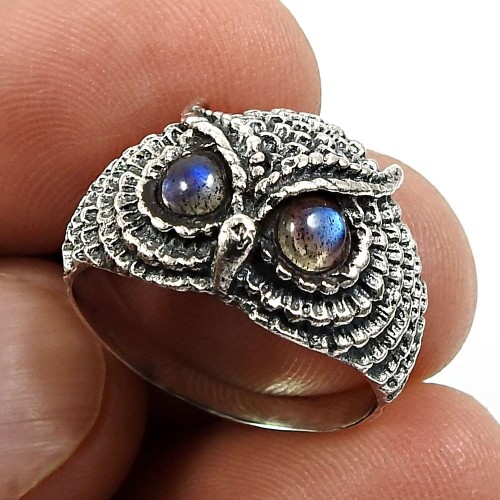 Women Gift Labradorite Gemstone Owl Ring Size 7 925 Silver Jewelry H4