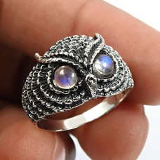 Women Gift Rainbow Moonstone Gemstone Jewelry 925 Silver Owl Ring Size 7 B6