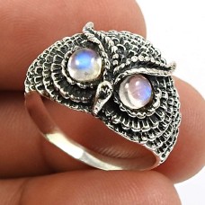 Women Gift Rainbow Moonstone Gemstone Owl Ring Size 7 925 Silver Jewelry F7