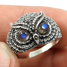 Women Gift Labradorite Gemstone Jewelry 925 Silver Owl Ring Size 8 A2