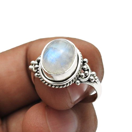 Rainbow Moonstone Gemstone Jewelry For Women 925 Silver Ring Size 7 X6