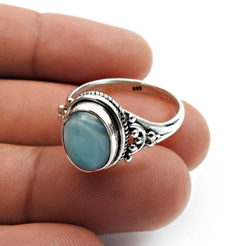 925 Sterling Silver Jewelry Larimar Gemstone Ring For Women Size 9 M7