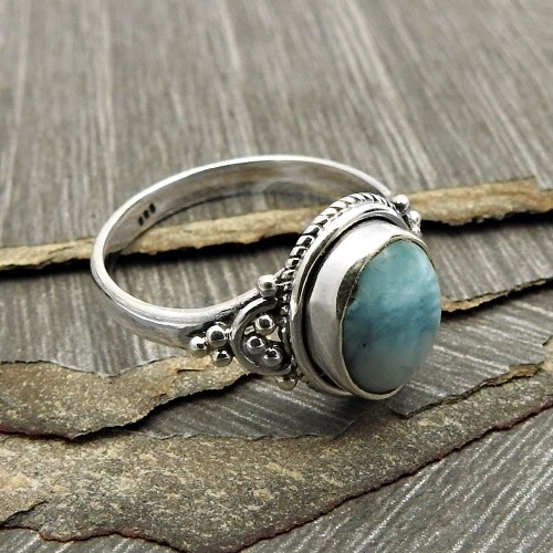 Oval Larimar Gemstone Jewelry 925 Sterling Silver Ring For Girls Size 8 N7