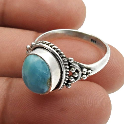 Fine Oval Larimar Gemstone Jewelry 925 Sterling Silver Ring Size 9 L6