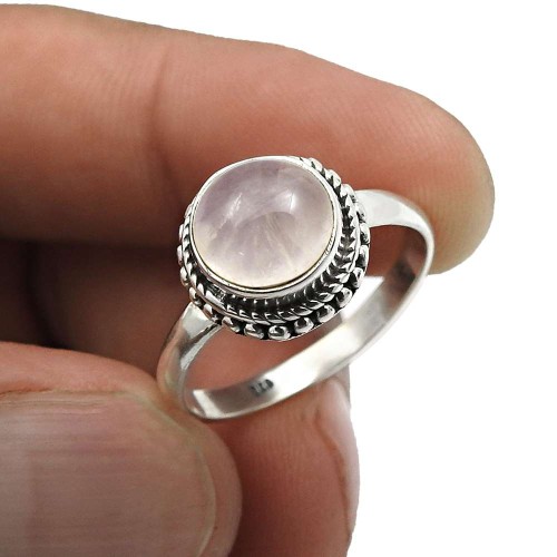 Rose Quartz Gemstone Jewelry 925 Fine Silver Ring For Women Size 6 F11