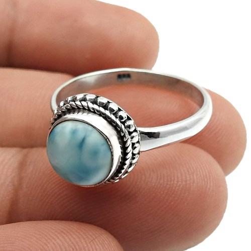 925 Sterling Fine Silver Jewelry Larimar Gemstone Ring For Girls Size 9 J10