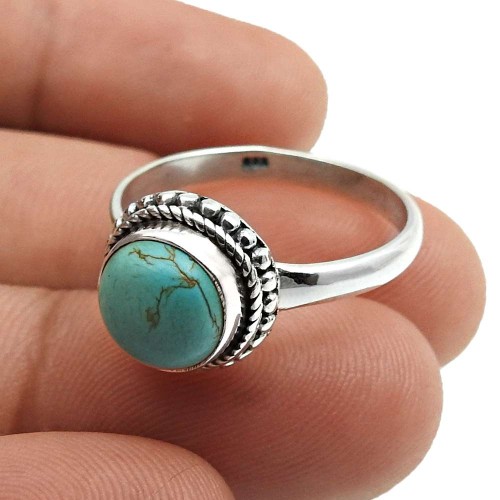 925 Fine Silver Jewelry Turquoise Gemstone Handmade Ring Size 6 V10