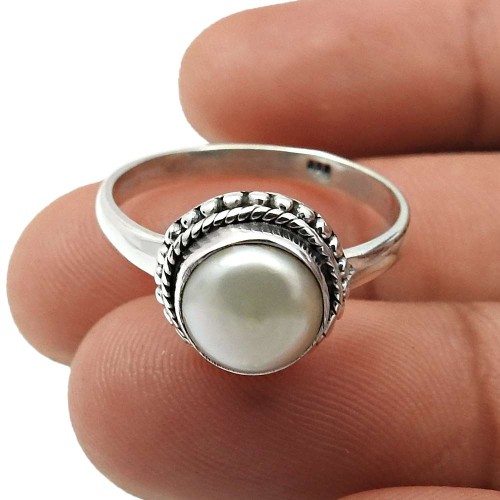 Round Pearl Gemstone Jewelry 925 Sterling Silver Handmade Ring Size 8 A11