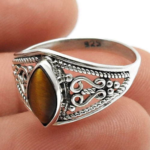 Tiger'S Eye Gemstone Ring Size 8 925 Sterling Silver Handmade Jewelry D13