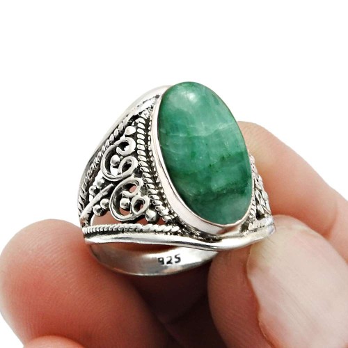 Emerald Gemstone Jewelry For Birthday 925 Fine Silver Ring Size 7.5 G14